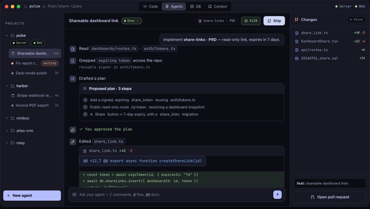 Choro — an agent run: plan, approval, diff, tests, ship